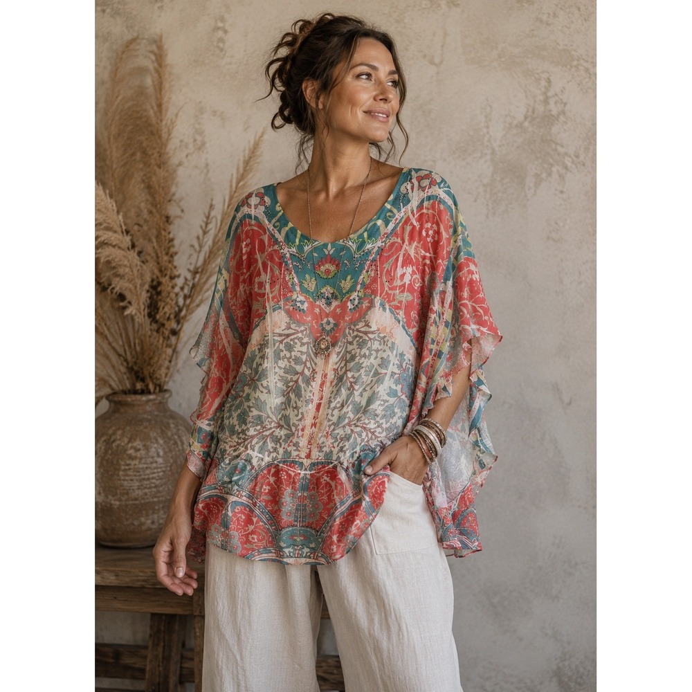Style & Co Flowy Blouse Womens 2X Multicolor Paisley Rhinestone Boho Resortwear